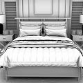 Double Bed with Wooden Headboard White Pillows Dark Blanket Nightstands Black Lamps Geometric Rug