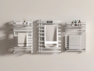 Stylish Bathroom Accessories White Towel Racks With Towels And Toiletries 3d model