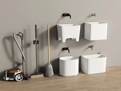 Modern Bathroom Accessories With White Wash Basins Mop Broom Vacuum Cleaner And Wooden Floor 3d model