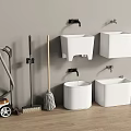 Modern Bathroom Accessories With White Wash Basins Mop Broom Vacuum Cleaner And Wooden Floor