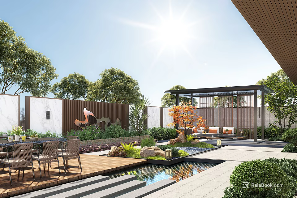 Sunlit Courtyard Garden With Wooden Deck Pond Seating Area Gazebo And Lush Plants 3d model 