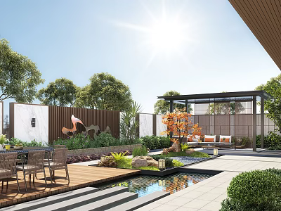 Sunlit Courtyard Garden With Wooden Deck Pond Seating Area Gazebo And Lush Plants 3d model