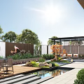 Sunlit Courtyard Garden With Wooden Deck Pond Seating Area Gazebo And Lush Plants