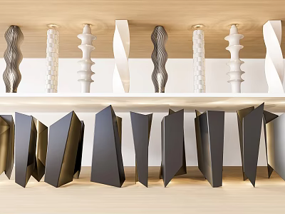 Modern Columns With Various Geometric Spiral Patterns Displayed On Wooden Shelf 3d model