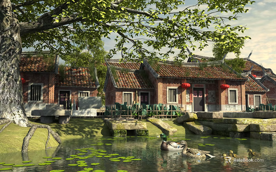Ancient Architecture with Traditional Roofs Red Lanterns Pond And Ducks Swimming On Lotus Leaves 3d model 
