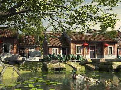 Ancient Architecture with Traditional Roofs Red Lanterns Pond And Ducks Swimming On Lotus Leaves 3d model
