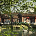 Ancient Architecture with Traditional Roofs Red Lanterns Pond And Ducks Swimming On Lotus Leaves