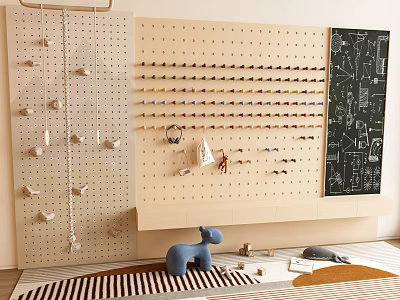 Modern Curtain For Kids Playroom With Pegboard Wall And Toy Decorations 3d model