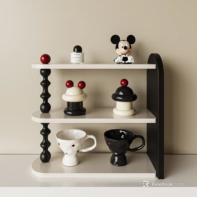 Decorative Shelf Display With Mickey Figurine Black White Mugs And Red Dot Containers 3d model 