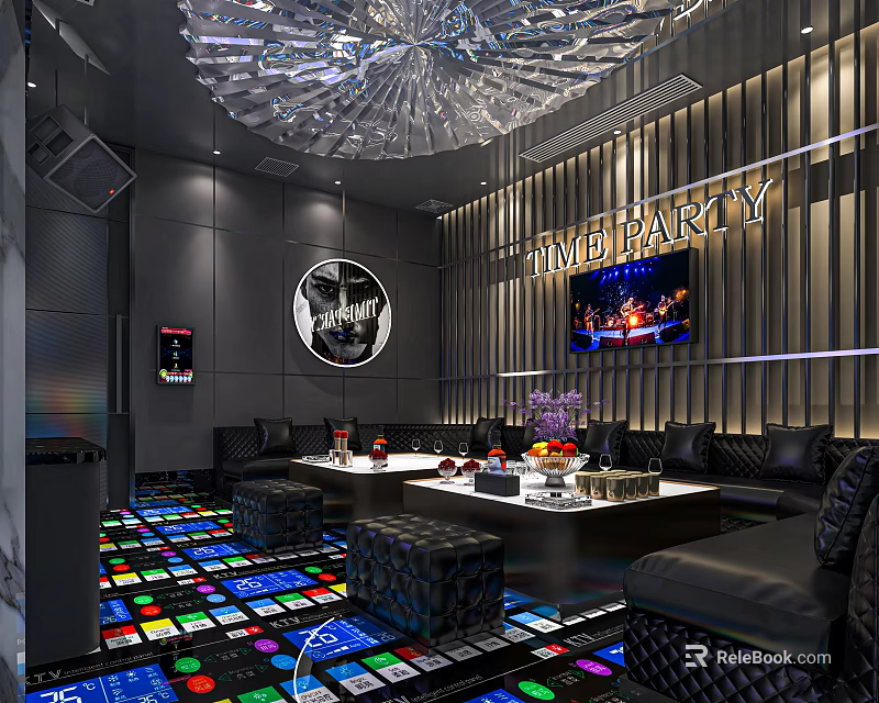 Modern KTV Lounge Interior With Colorful LED Floor Sofa Seating And TV Screen 3d model 