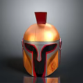 Golden Red Warrior Helmet With Silver Visor And Red Crest Design Details