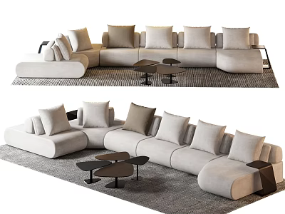 Light Colored Modern Sectional Sofa With Multiple Cushions Small Coffee Tables And Gray Rug 3d model