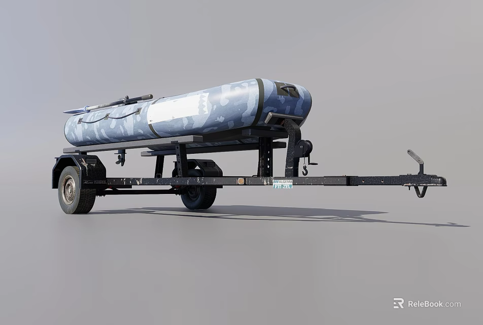 Wooden Boat With Blue And White Camouflage Pattern On Trailer With Black Wheels And Hitch 3d model 