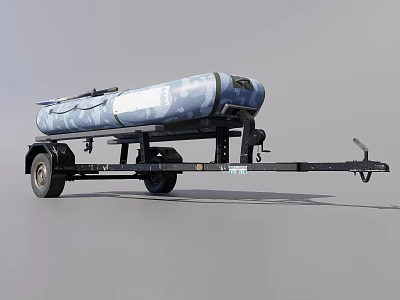 Wooden Boat With Blue And White Camouflage Pattern On Trailer With Black Wheels And Hitch 3d model
