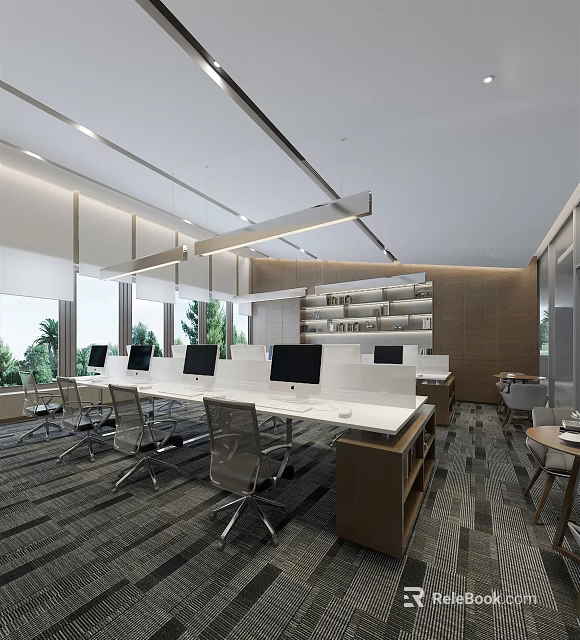 Modern Spacious Public Office Space Interior Design With Workstations Computers Ergonomic Chairs And Large Windows 3d model