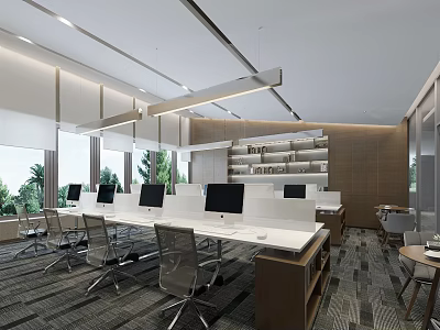 Modern Spacious Public Office Space Interior Design With Workstations Computers Ergonomic Chairs And Large Windows 3d model