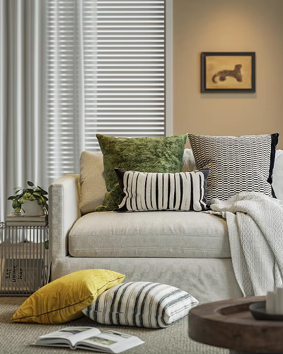 Cozy Couch Pillows in Green Black White Stripes and Geometric Patterns on Beige Sofa 3d model