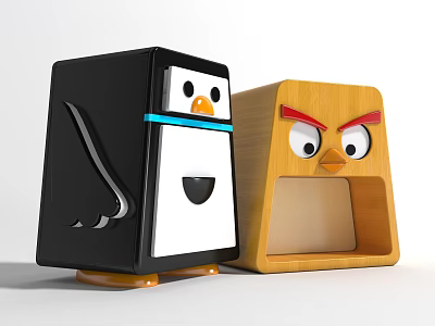 Cute Decorative Cabinet with Cartoon Penguin and Angry Bird Faces Black and Wooden Design 3d model