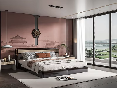 Modern Chinese Style Bedroom With Pink Accent Wall Large Bed And Scenic Window View 3d model