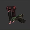 Black Handgun Displayed Alongside Another Handgun With Scattered Bullets On Dark Surface 3d model