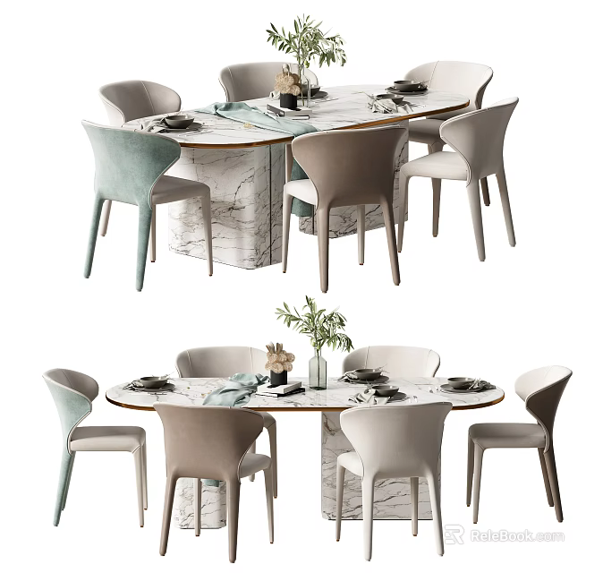 Modern Dining Table Set With Marble Tabletop And Light Colored Upholstered Chairs 3d model