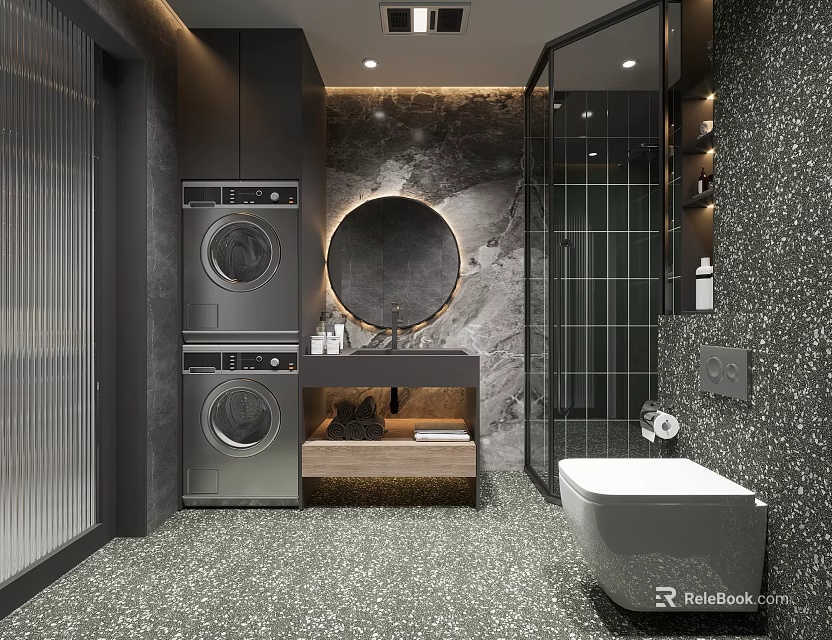 Modern Bathroom Design With Stacked Washing Machines Round Mirror Vanity Glass Shower Wall Mounted Toilet 3d model 