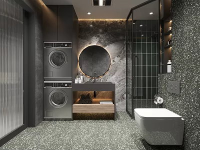 Modern Bathroom Design With Stacked Washing Machines Round Mirror Vanity Glass Shower Wall Mounted Toilet 3d model