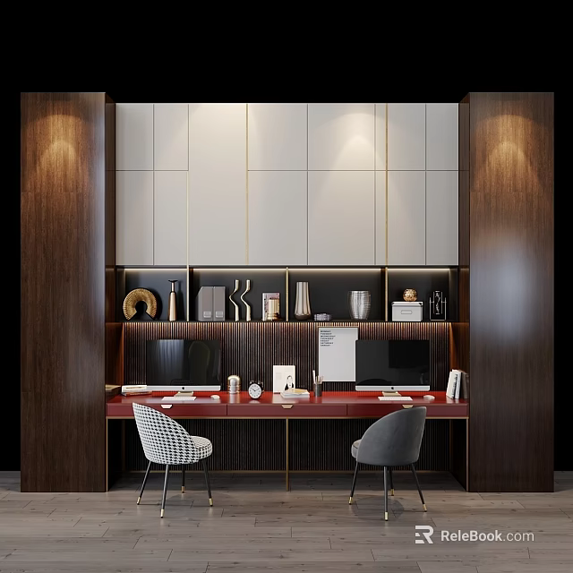 Home Office Setup Desk and Chair Set with White Cabinets Wooden Elements Computers and Decorations 3d model 
