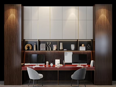 Home Office Setup Desk and Chair Set with White Cabinets Wooden Elements Computers and Decorations 3d model