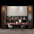 Home Office Setup Desk and Chair Set with White Cabinets Wooden Elements Computers and Decorations