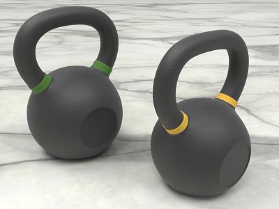 Two Black Kettlebells With Green And Yellow Rings For Fitness On Marble Surface 3d model