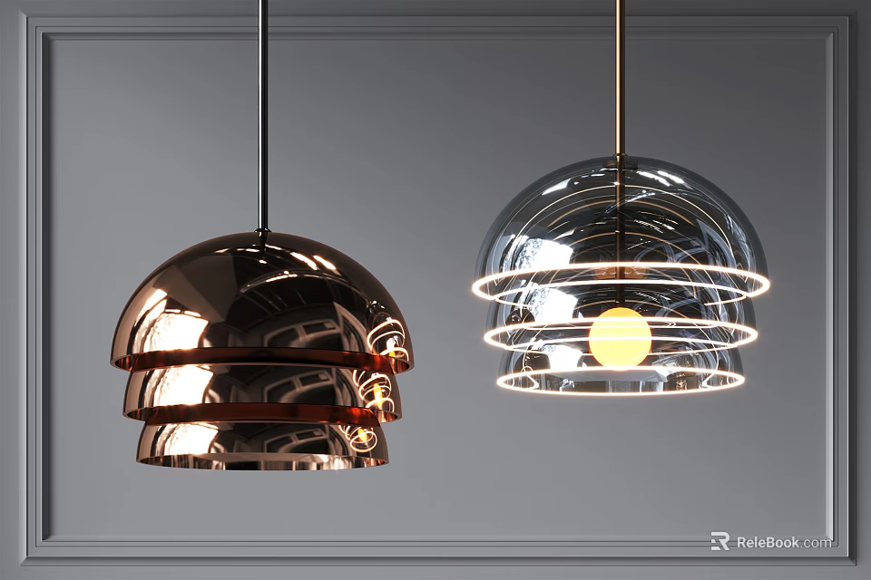 Modern Metallic Pendant Lights With Copper Chrome Spherical Reflective Ring Design 3d model 