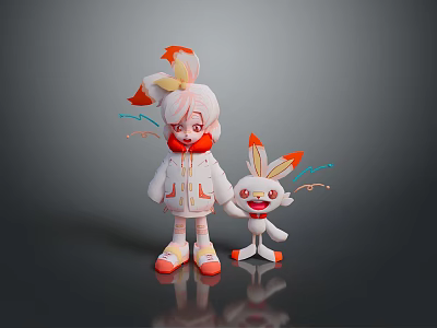 Cartoon Character And Rabbit Creature In White Coat With Orange Accents And Playful Expressions 3d model