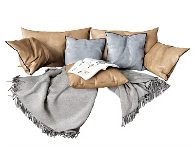 Cozy Decorative Throw Pillows With Brown Blue And Gray Covers And Fringed Blanket 3d model