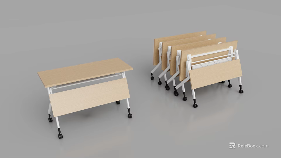 Foldable Light Wood Conference Tables With Wheeled Legs And Stackable Storage Design 3d model