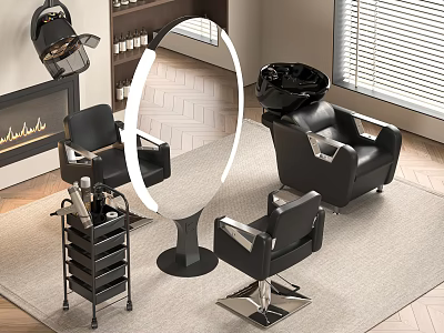 Professional Salon Equipment Including Styling Chairs Shampoo Chair Mirror And Trolley 3d model