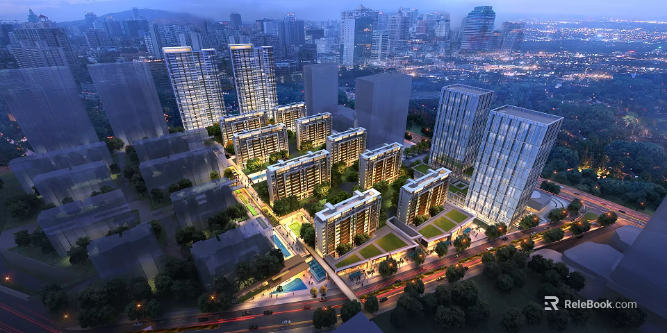 Aerial Planning of Modern Urban Residential Area with High-Rise Buildings Green Spaces and Roads 3d model 