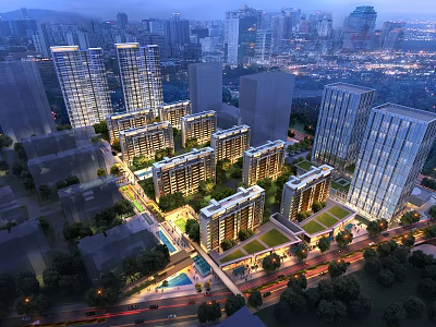 Aerial Planning of Modern Urban Residential Area with High-Rise Buildings Green Spaces and Roads 3d model