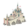 Ancient Castle Architecture Featuring Turquoise Spires Stone Towers Red Flags And Arched Gates