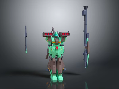 Green Brown Robot Character With Red Lights Antenna And Long Spears 3D Mech Design 3d model