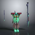 Green Brown Robot Character With Red Lights Antenna And Long Spears 3D Mech Design