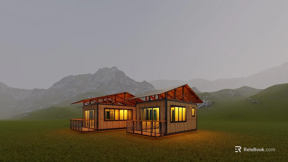 Rustic Wooden Guesthouse with Gabled Roof Large Windows Illuminated at Dusk Mountain Backdrop 3d model 
