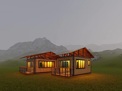Rustic Wooden Guesthouse with Gabled Roof Large Windows Illuminated at Dusk Mountain Backdrop 3d model