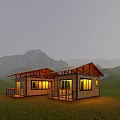 Rustic Wooden Guesthouse with Gabled Roof Large Windows Illuminated at Dusk Mountain Backdrop
