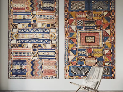Colorful Square Rugs With Geometric Patchwork Patterns Hung On Interior Wall 3d model