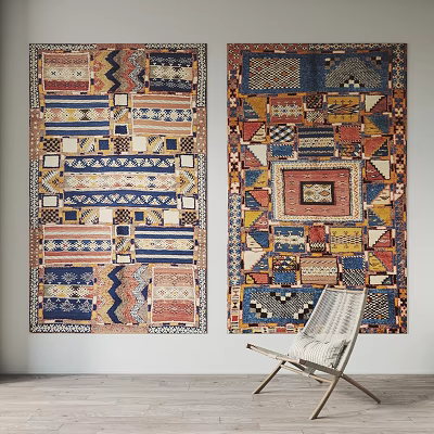Colorful Square Rugs With Geometric Patchwork Patterns Hung On Interior Wall 3d model