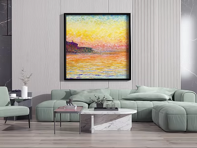 Modern Light Green Sofa and Coffee Table Set with Marble Top and Colorful Wall Painting 3d model