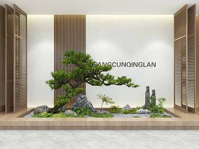 Zen Style Indoor Landscape With Bonsai Pine Rockery Stones And Wooden Screens 3d model