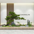 Zen Style Indoor Landscape With Bonsai Pine Rockery Stones And Wooden Screens