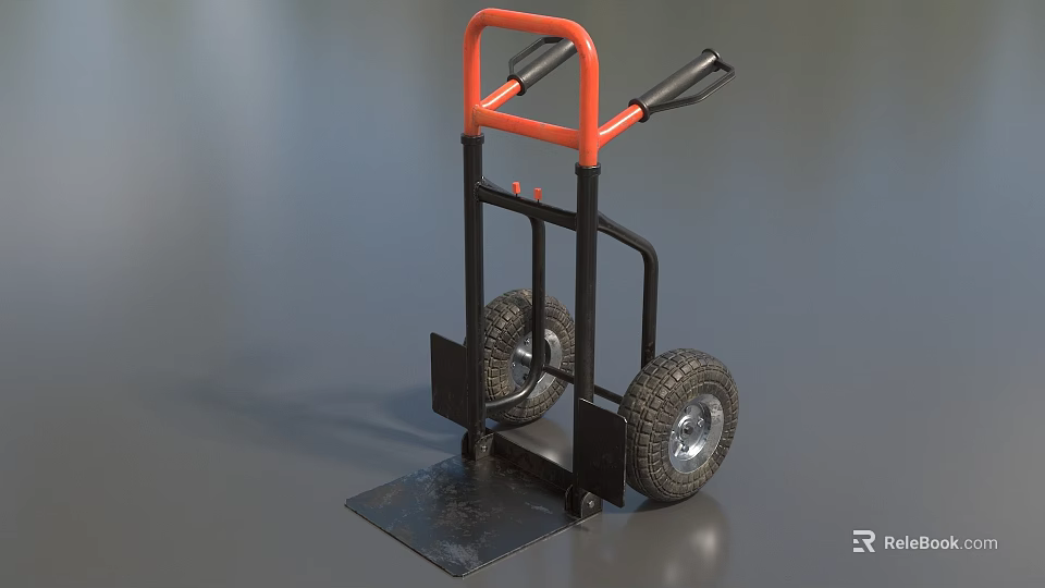 Industrial Heavy Duty Cart with Orange Handle Black Frame Large Wheels and Metal Loading Platform 3d model 